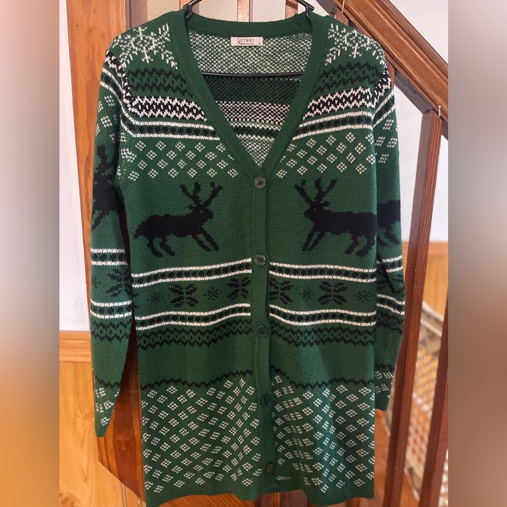 Holiday Reindeer Snowflake Cardigan Sweater, Women’s S
